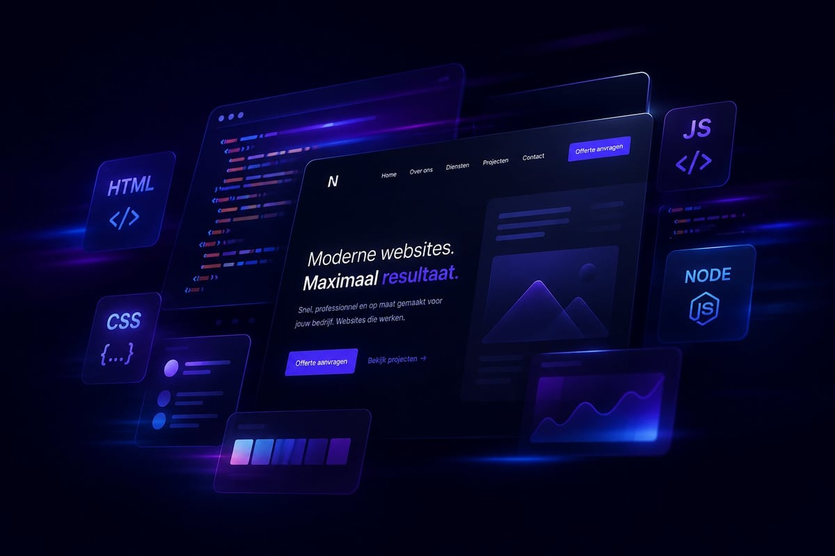 3D illustration of web development concept with floating code editor windows, HTML, CSS, JavaScript, and Node.js icons on dark neon blue background